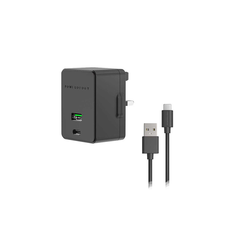 Powerology Dual Port Ultra-Quick PD Charger 36W with Type-C Cable 1.2m