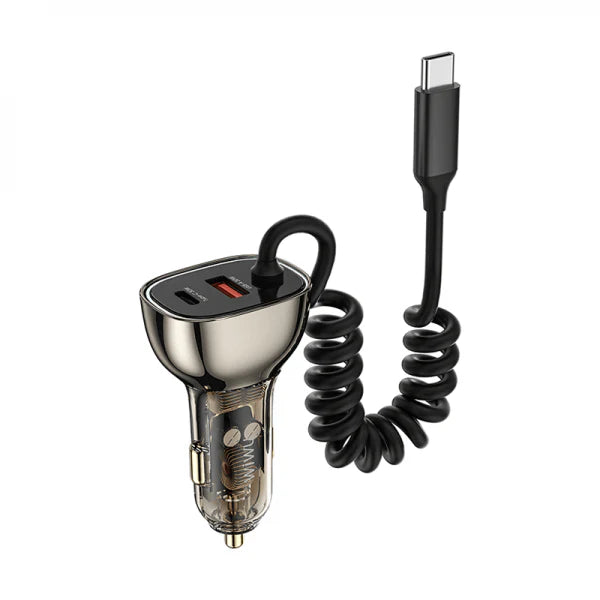 WIWU GEEK CAR CHARGER 90W USB A+C+USB-C CABLE- TRANSPARENT BLACK